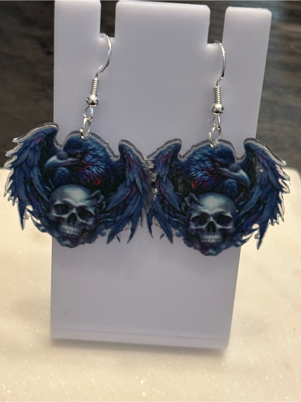 Title: Skull Raven Acrylic Dangle Earrings | Skull with Spread-Wing Raven | Silv